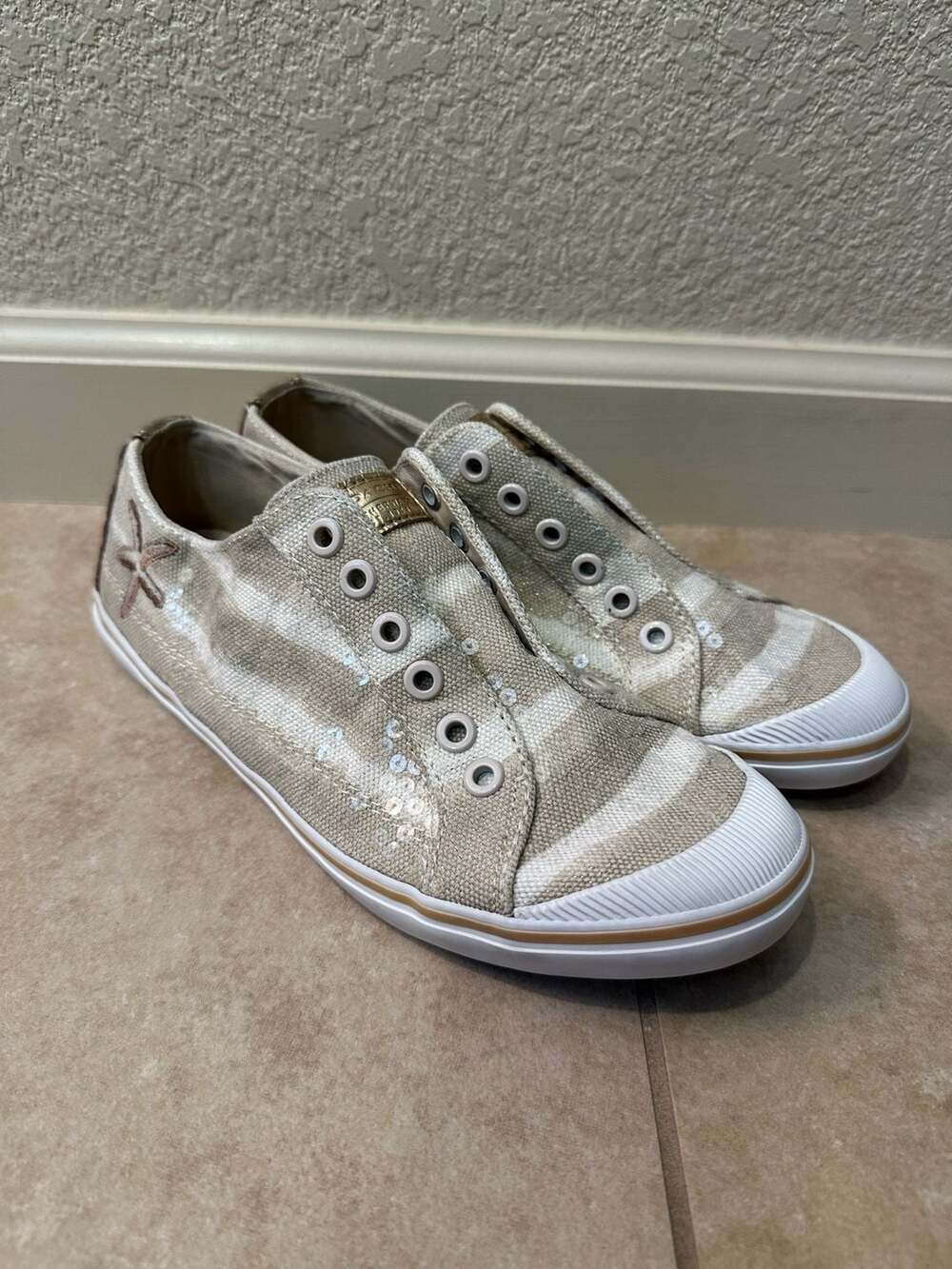 Coach Kloe Tan Striped Sequin Slip-On Sneakers Sz 7.5B